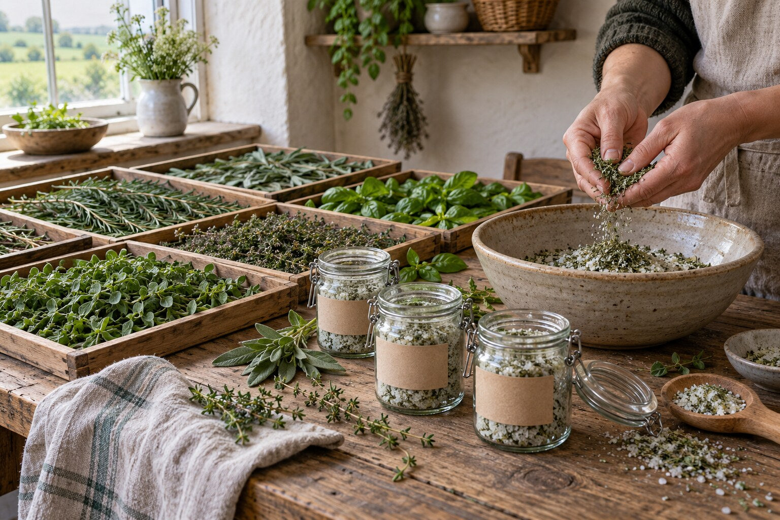 Dried herbs being blended with sea salt in small batches