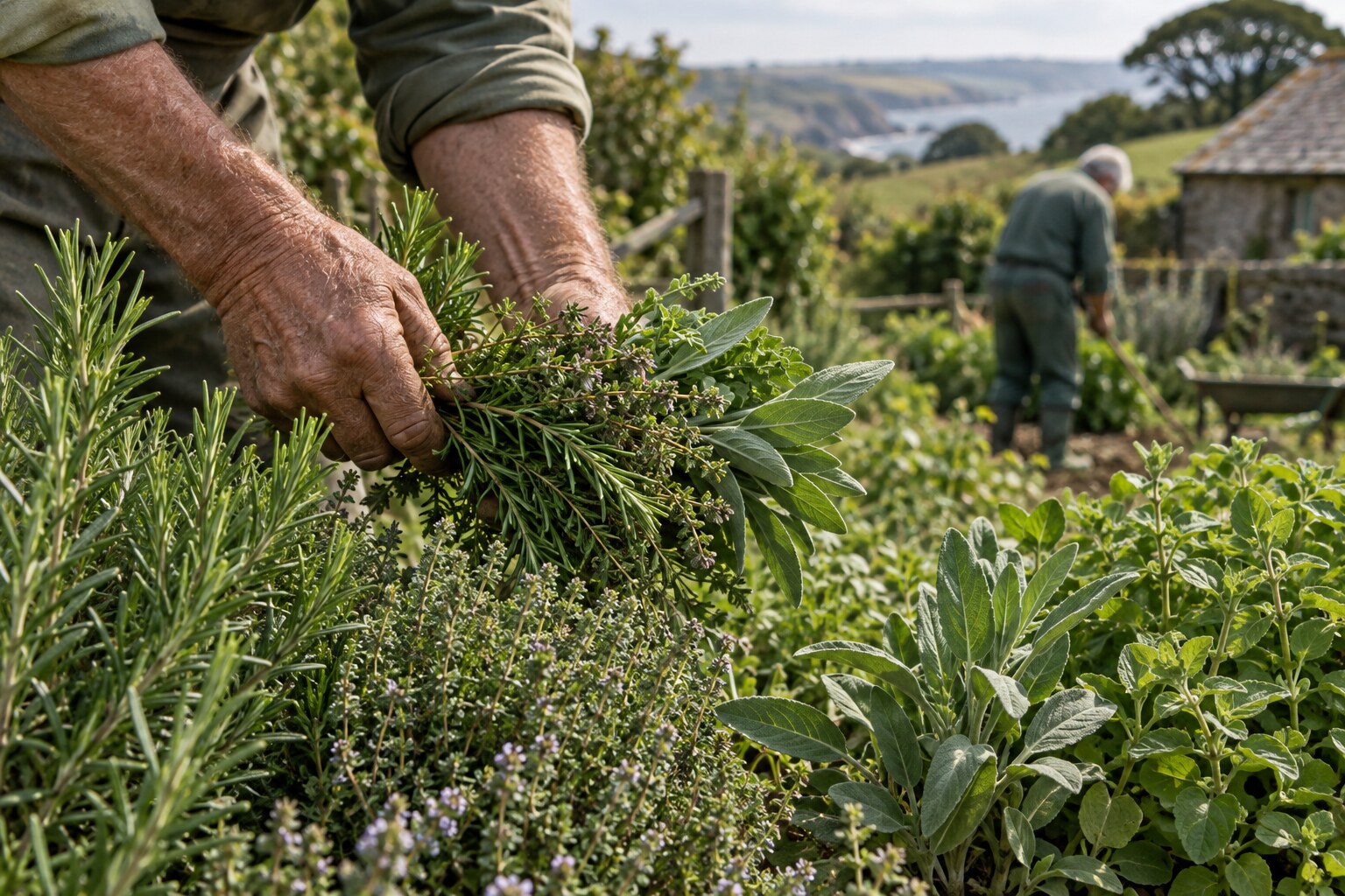 Herbs being gathered from the garden